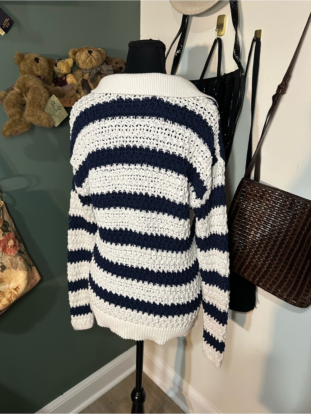 Talbots Coastal Grandmother Open Knit Sweater Navy Stripe Preppy Size S - Picture 4 of 6